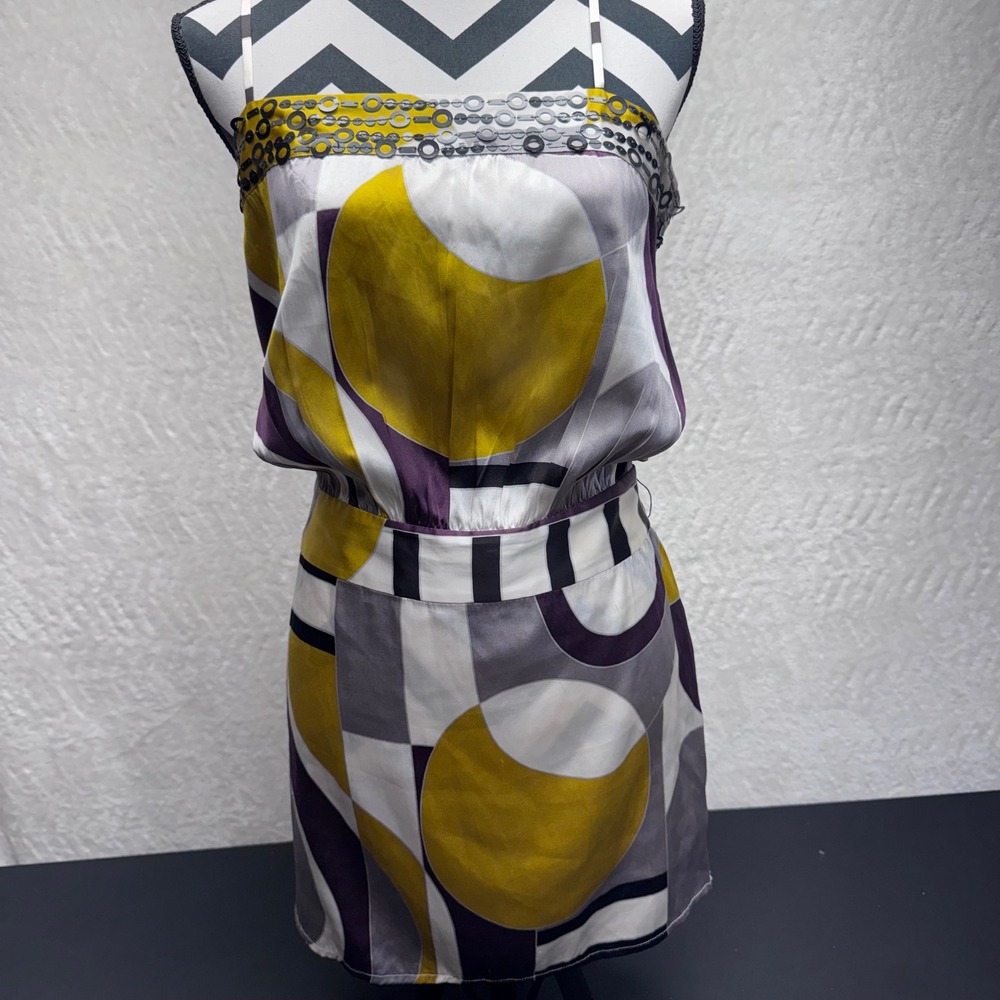 Marciano Geometric Mod 100% Silk Mini Dress Sequin Trim Purple Yellow Grey M